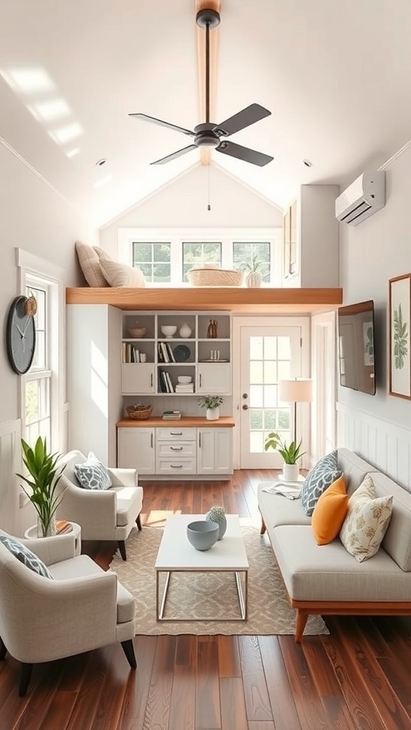 Interior of a tiny house featuring built-in furniture, a cozy living area with a sofa, armchairs, and a loft space.