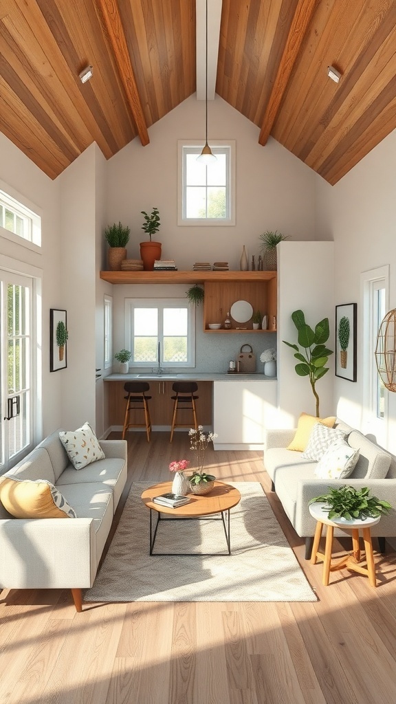 Interior of a tiny house featuring a cozy living area with high ceilings, natural light, and a modern kitchen.