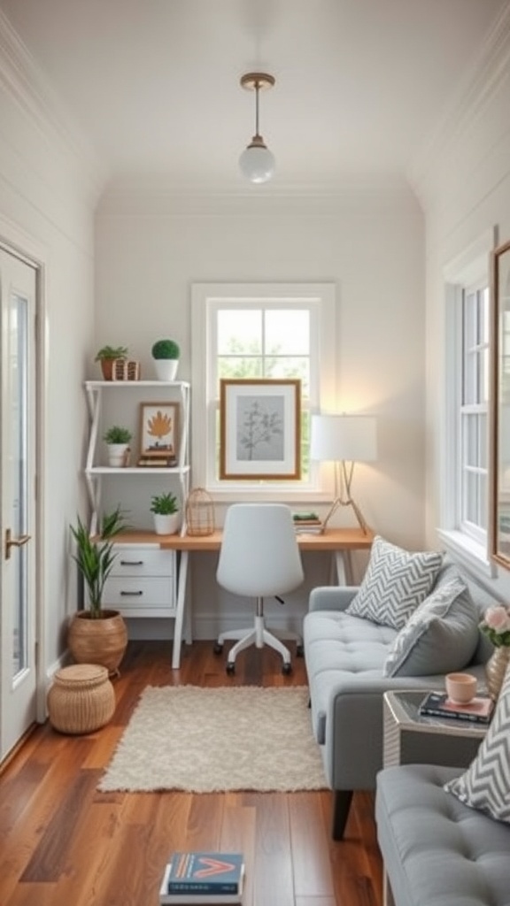 A bright and cozy workspace in a tiny house with a desk, chair, plants, and a comfortable couch.