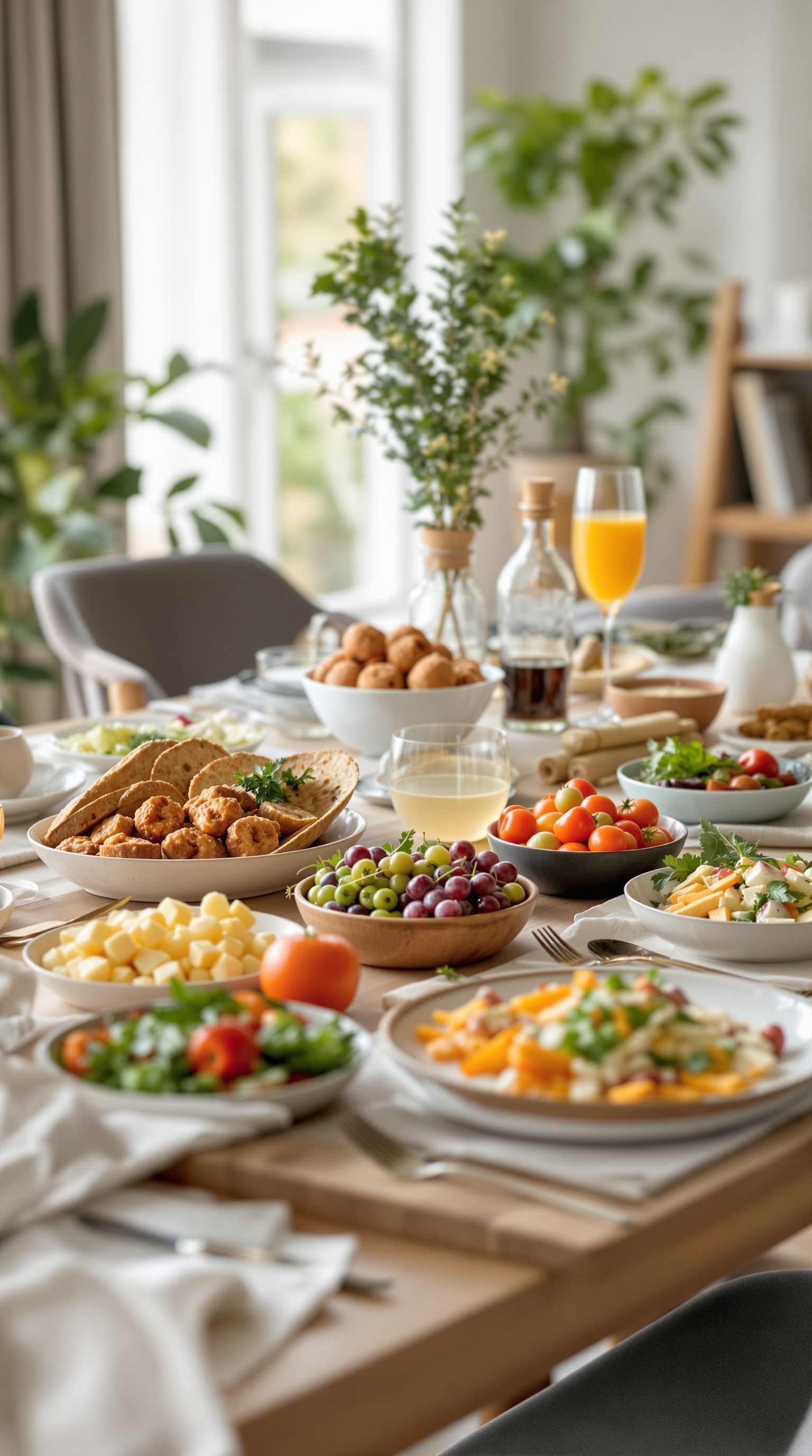 A family dinner table set with various dishes, including salads, fruits, and drinks, showcasing a thoughtful approach to dietary restrictions.