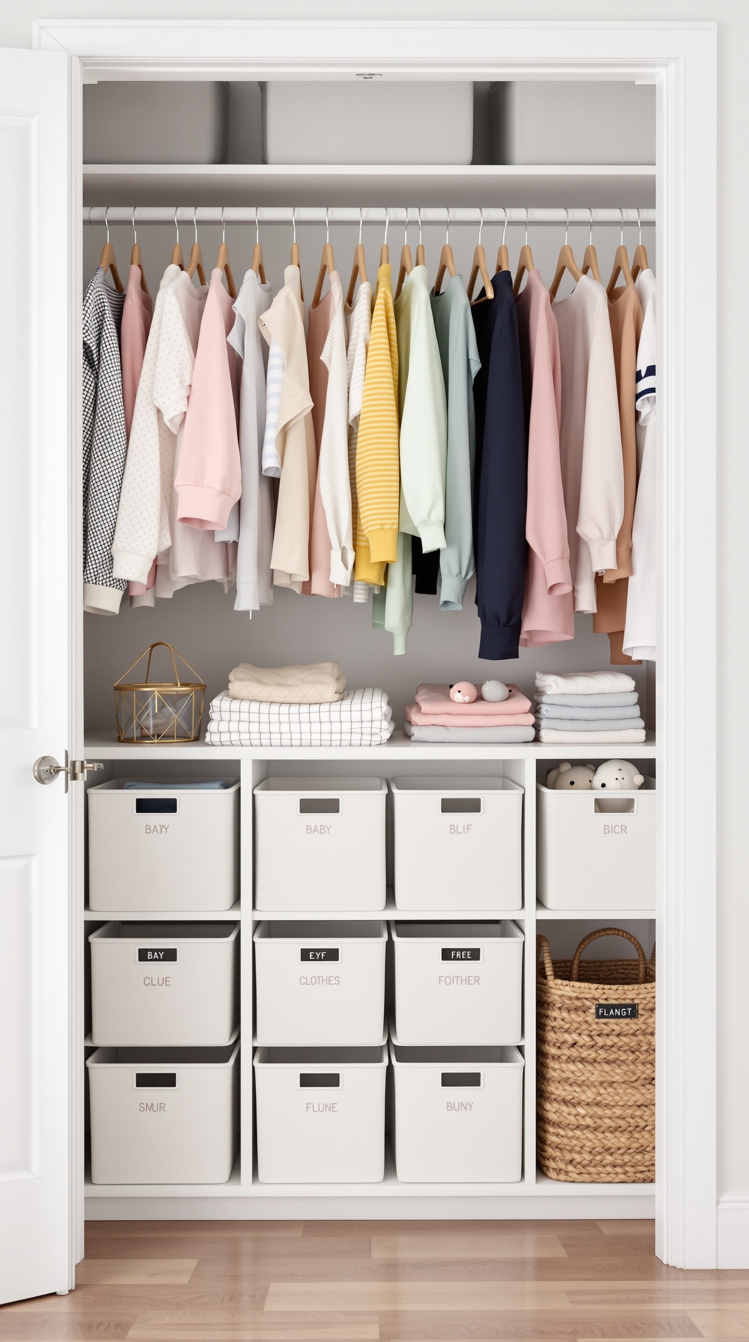 Organized baby closet with clothes hung neatly and labeled storage bins