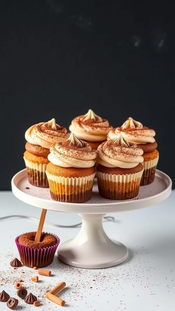 A beautiful display of tiramisu cupcakes on a cake stand, topped with creamy frosting and cocoa powder, surrounded by baking ingredients.