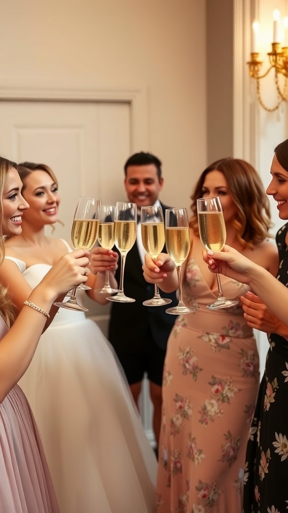 A group of friends toasting with prosecco flutes at a bridal shower