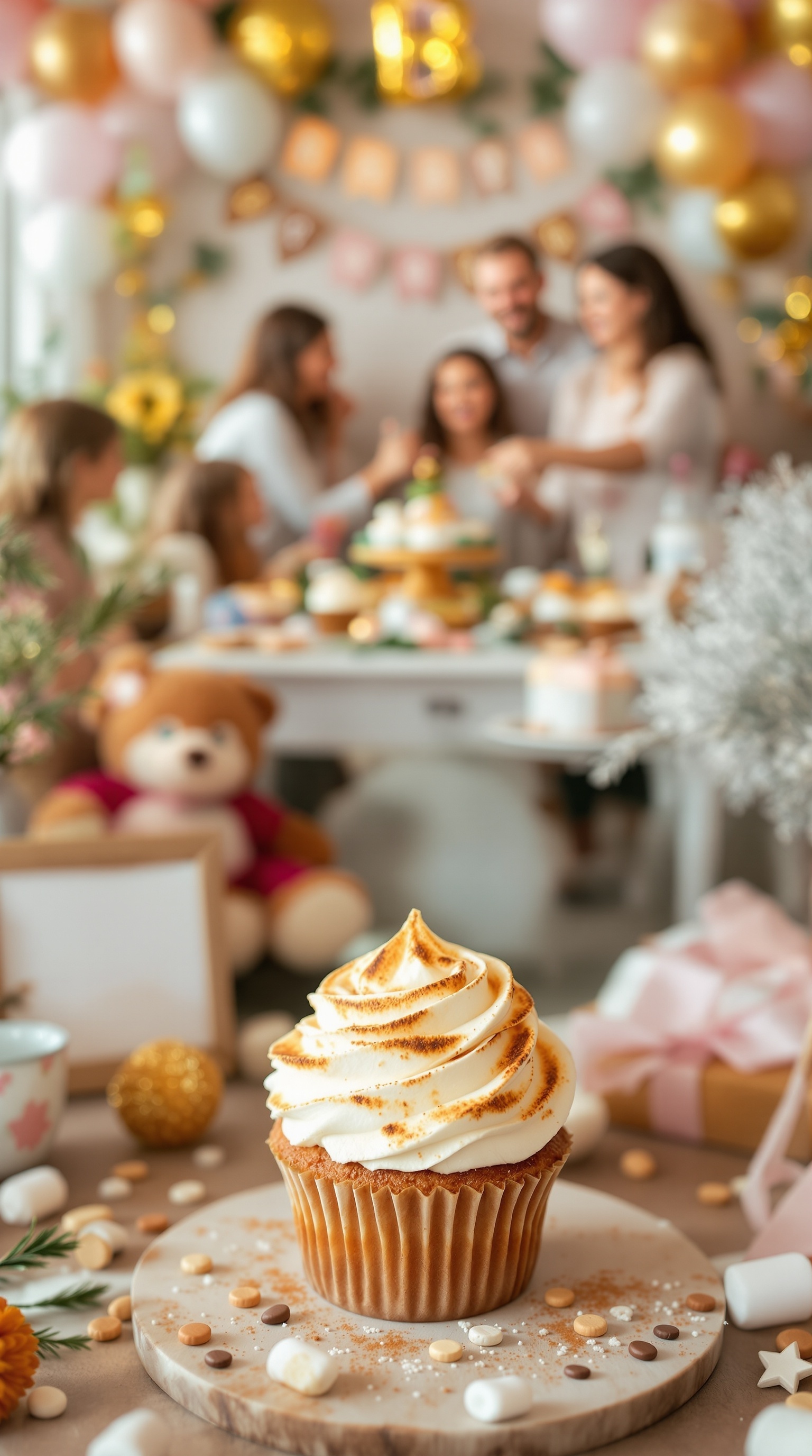 A beautifully decorated toasted marshmallow cupcake with a swirl of toasted frosting, surrounded by festive decorations and treats.