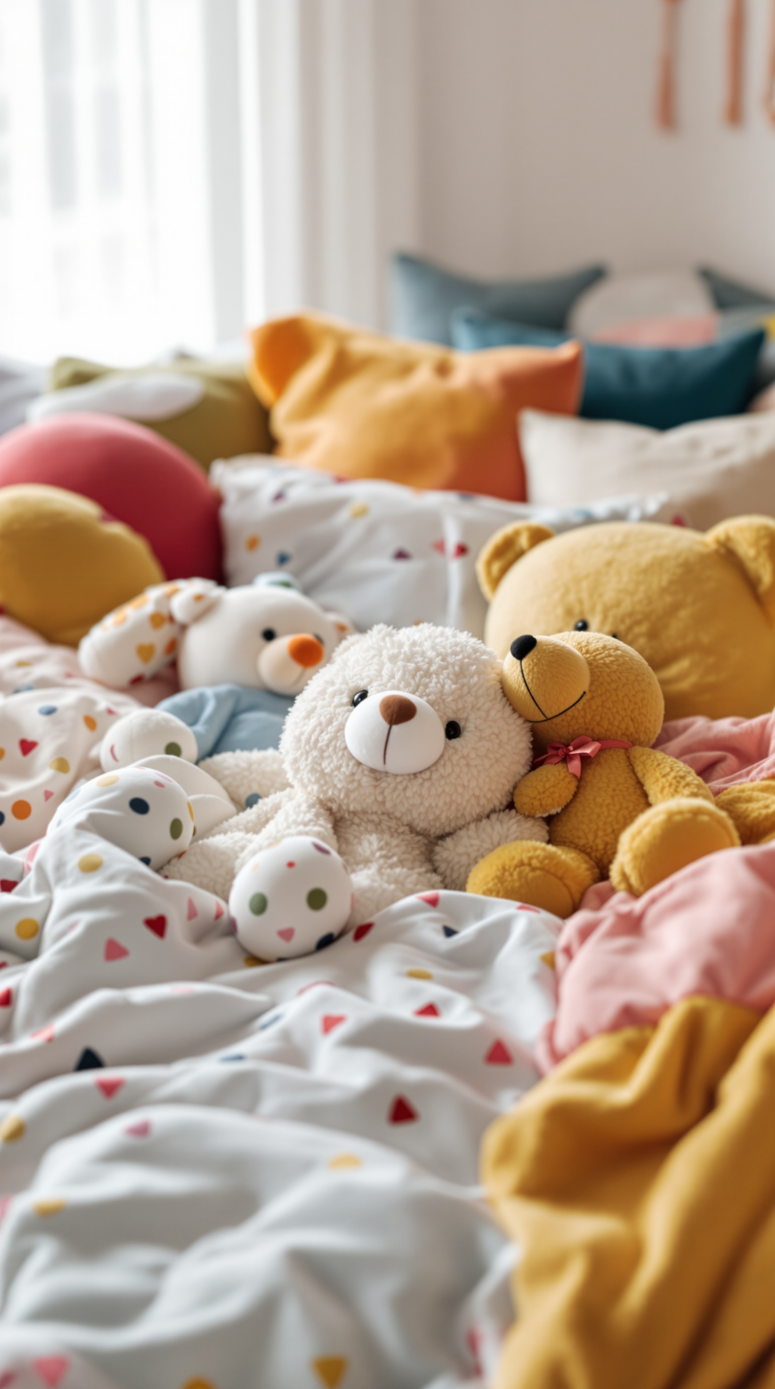A cozy toddler bed with colorful pillows and plush toys, creating a warm and inviting sleeping space.