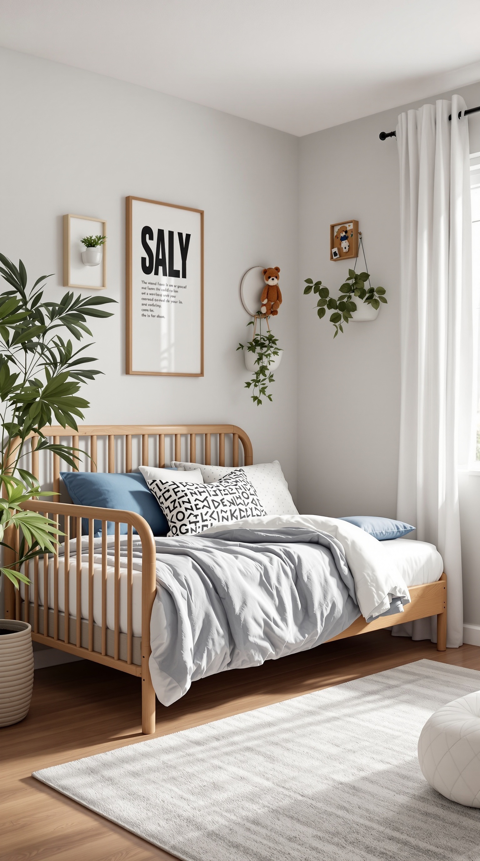 A cozy toddler bed in a well-decorated bedroom with plants and soft lighting.