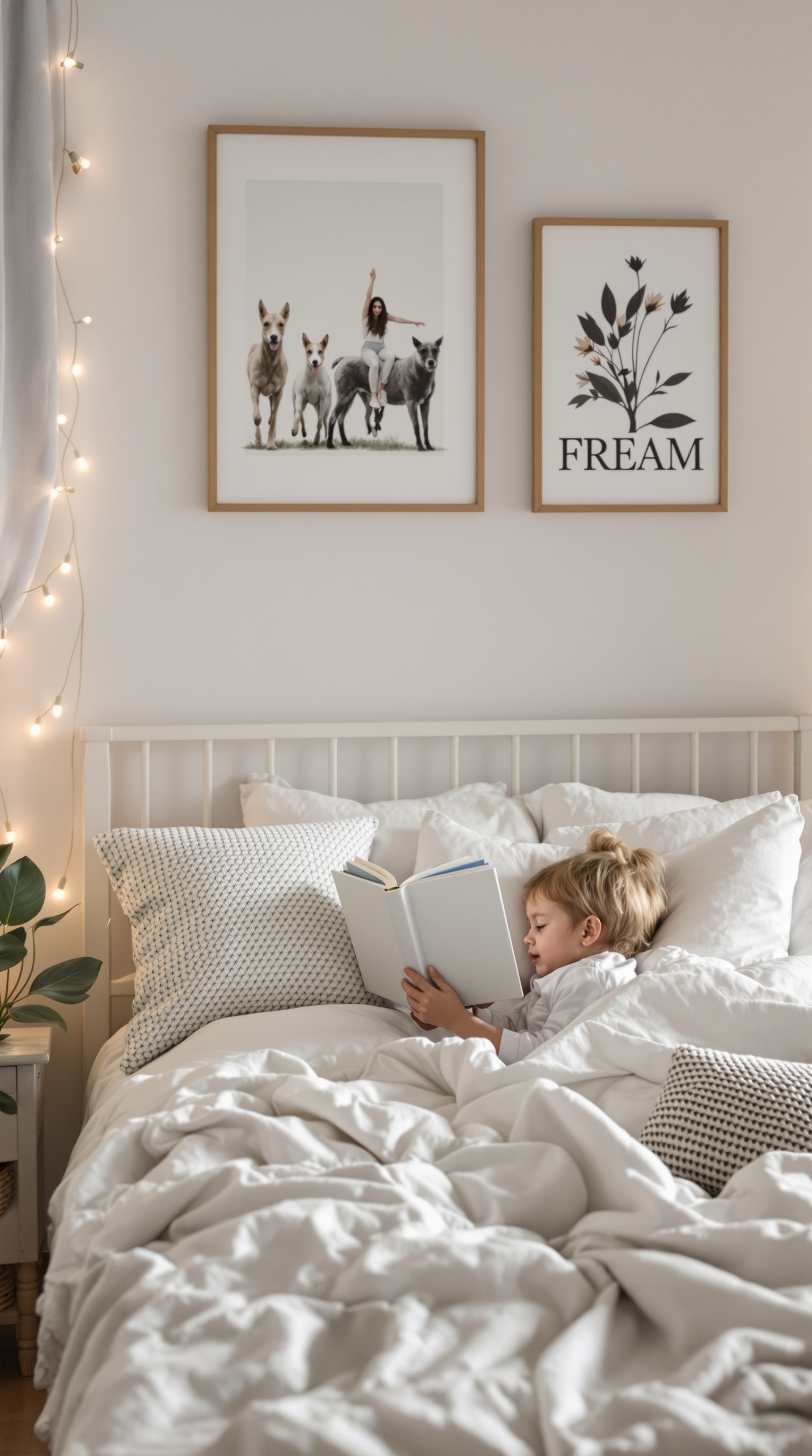 A young child reading a book in a cozy toddler bed with soft pillows and blankets.