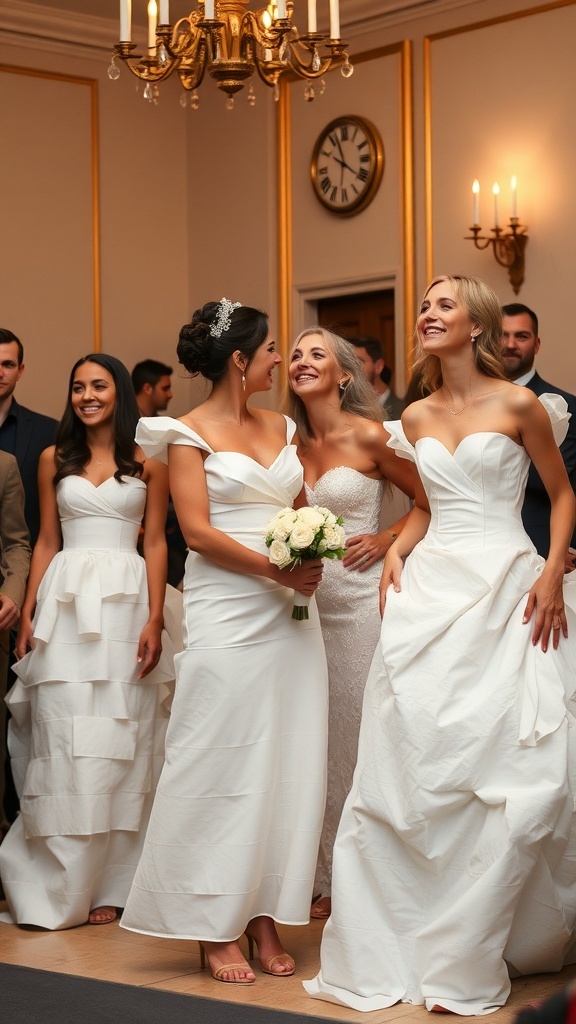 Women in toilet paper wedding dresses laughing at a bridal shower
