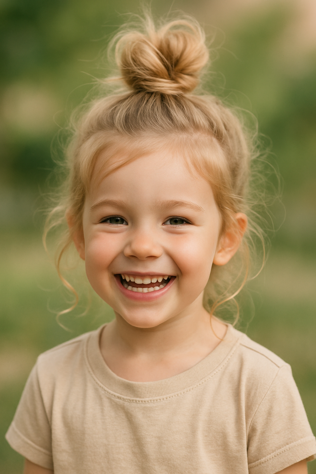 A young girl with a top knot hairstyle and loose strands, smiling happily.