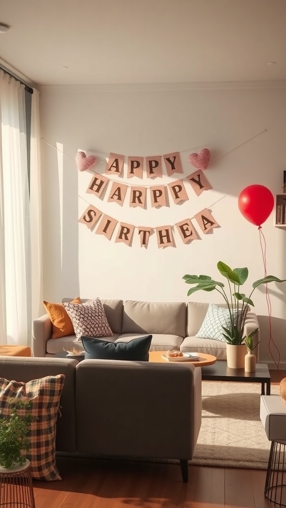 Sala decorada para un cumpleaños con un banner de 'HAPPY BIRTHDAY', globos y plantas.