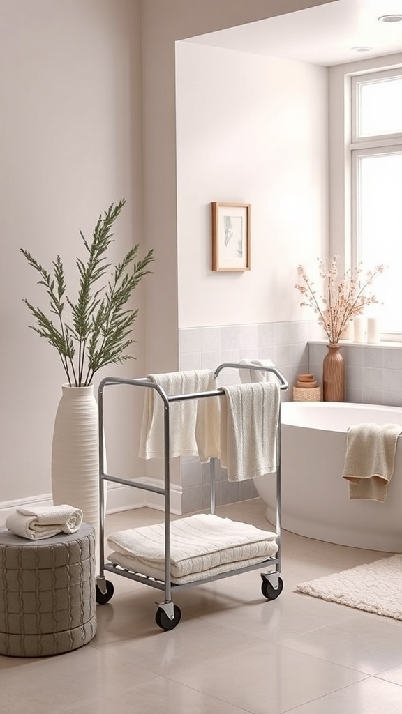 A modern towel cart with rolled and stacked towels in a stylish bathroom