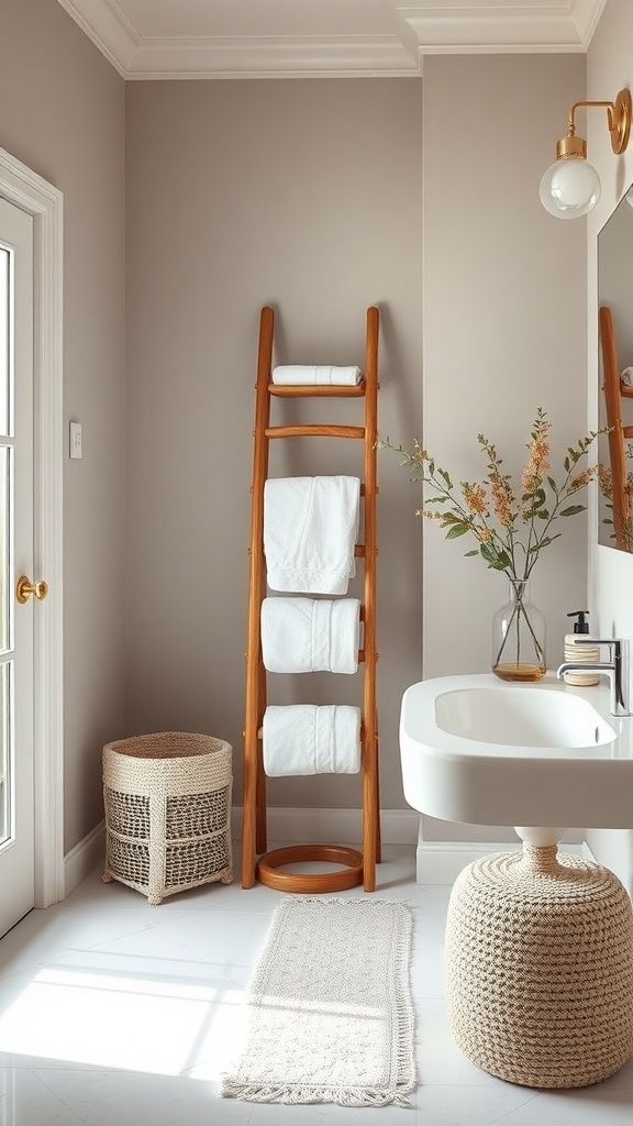 Wooden towel ladder holding white towels in a stylish bathroom setting.