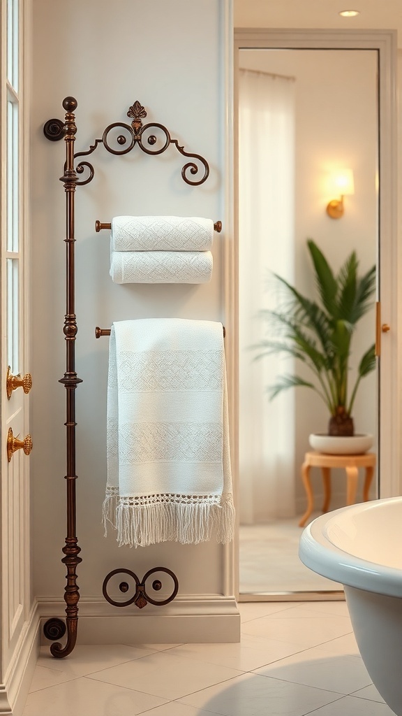 A decorative towel rack holding white towels in a stylish bathroom setting.