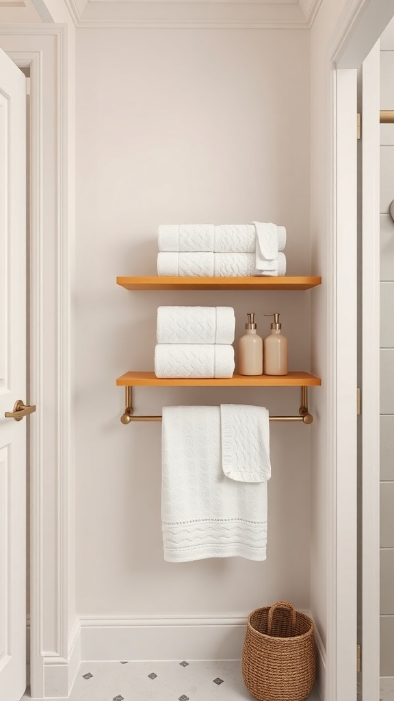 A modern bathroom featuring a towel rack with integrated shelves and a basket