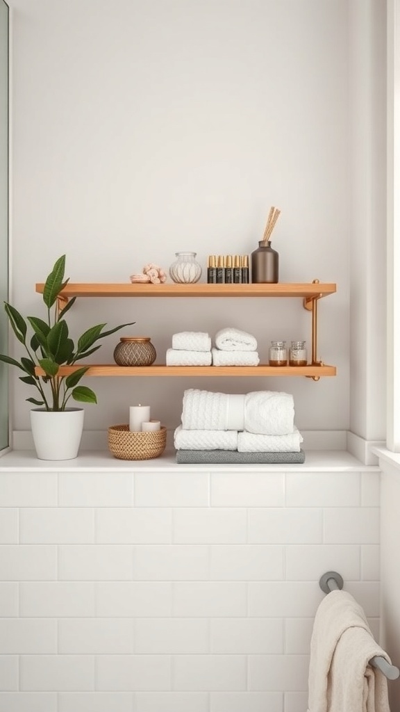 Wooden towel shelf with neatly stacked towels and decorative items
