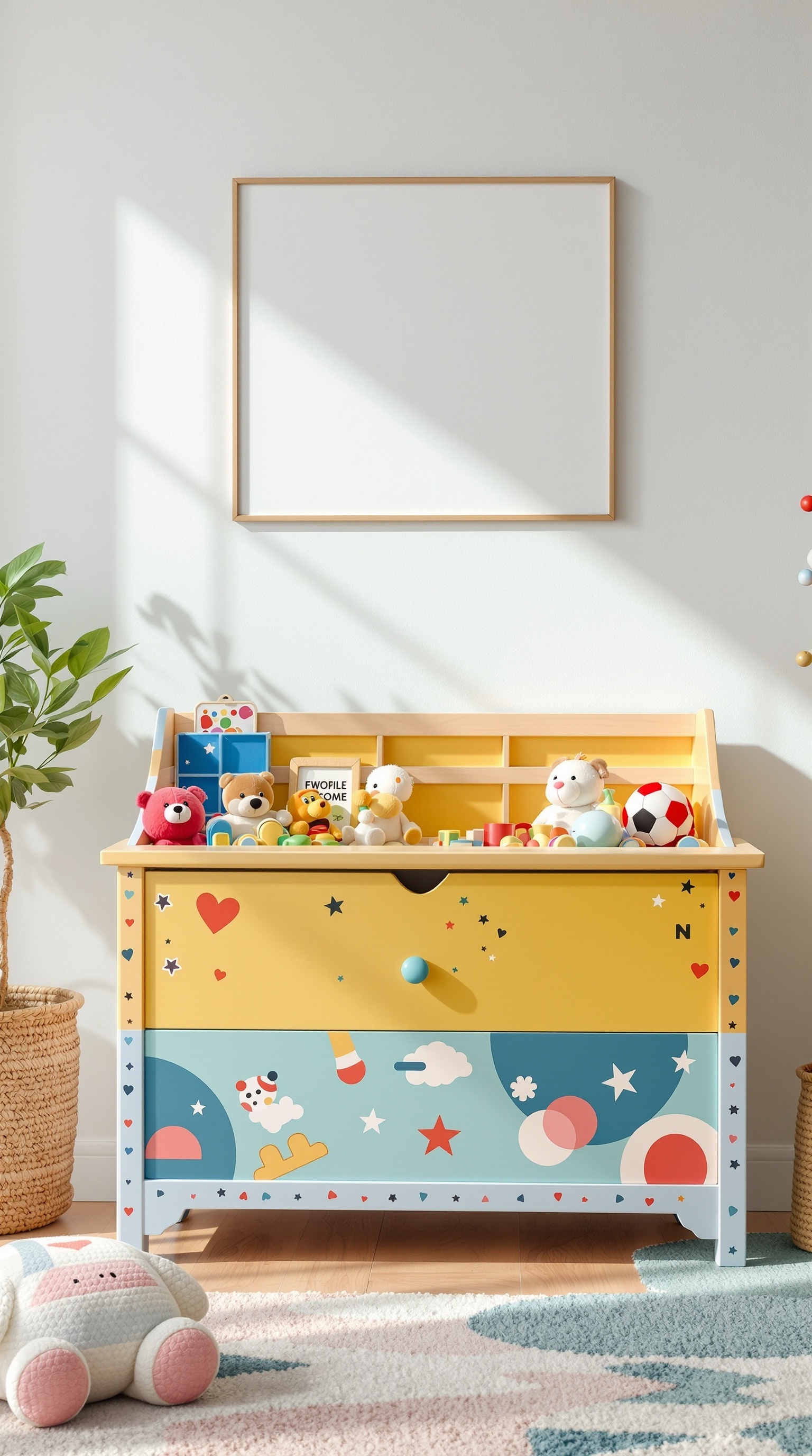 A colorful toy chest with playful designs, filled with stuffed animals and toys.