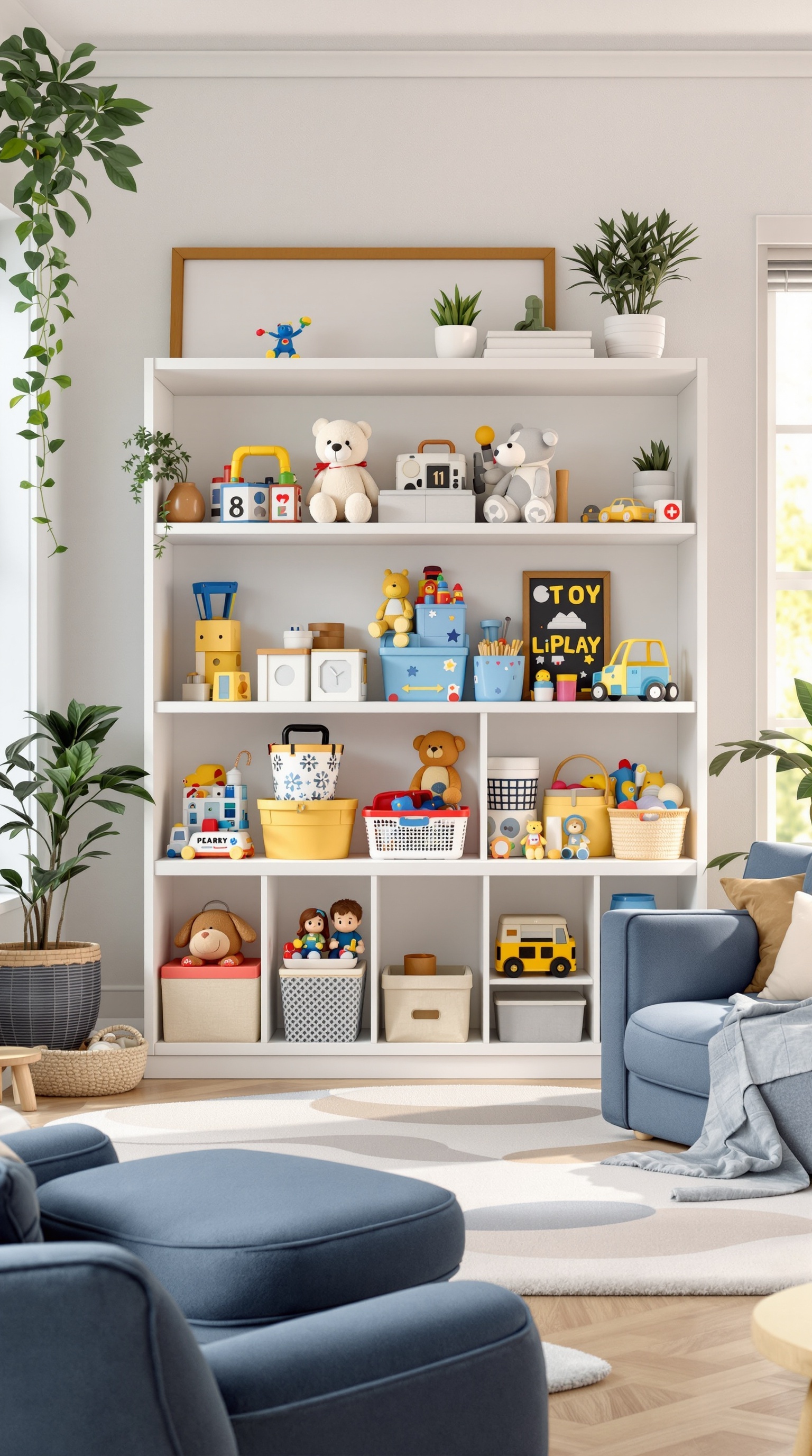 A well-organized toy library with colorful toys on shelves, showcasing a variety of play items in a bright and inviting space.