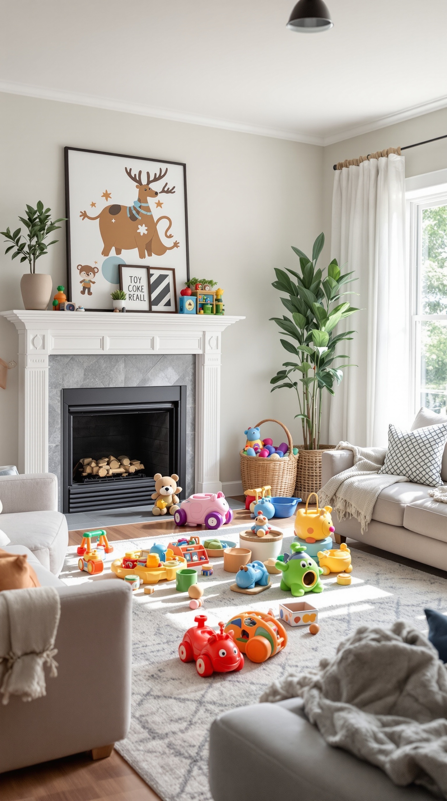 A cozy living room filled with colorful toys scattered on the floor, showcasing a need for organization.
