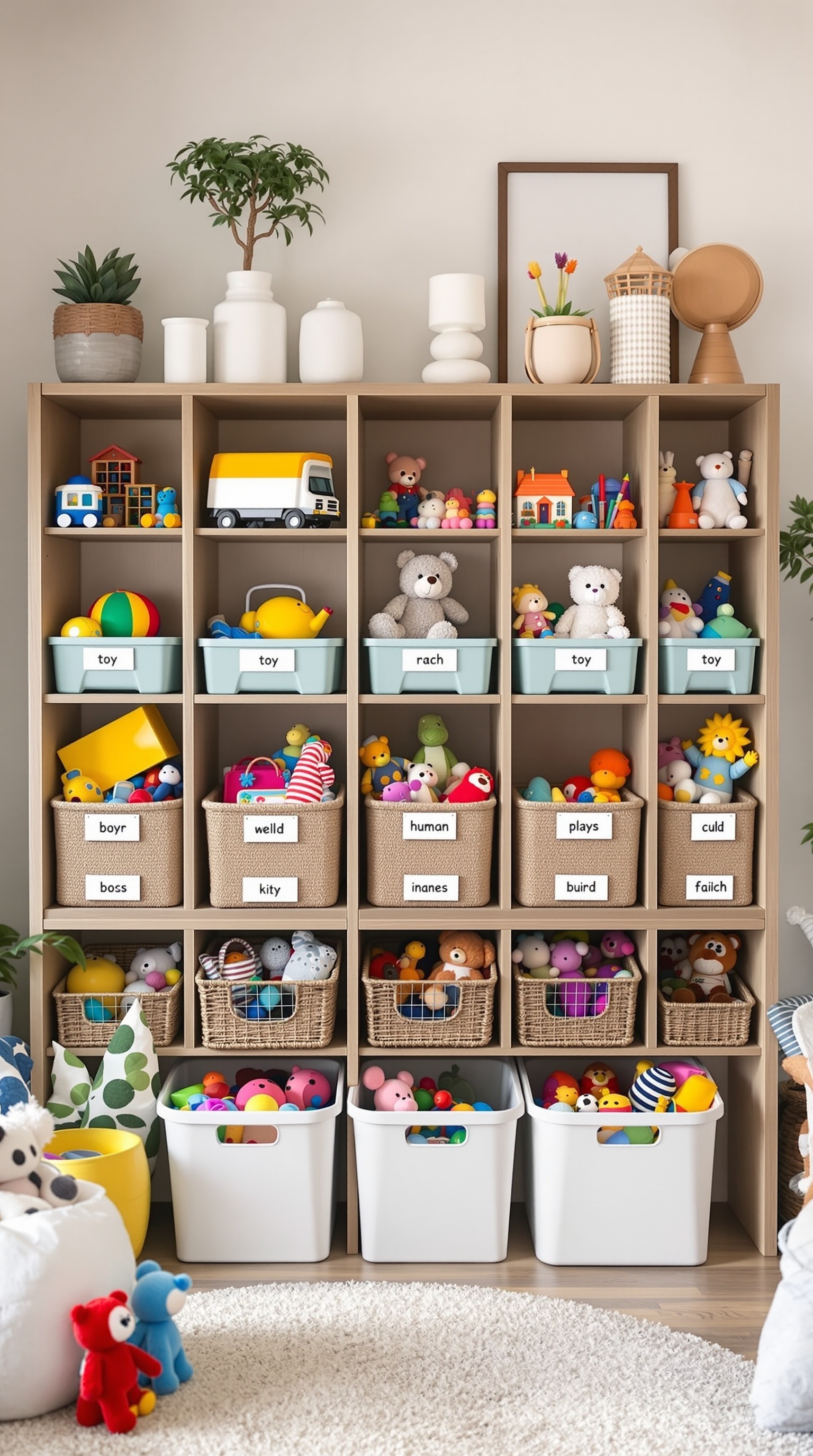 Organized toy storage with labeled bins and baskets for a toy rotation system