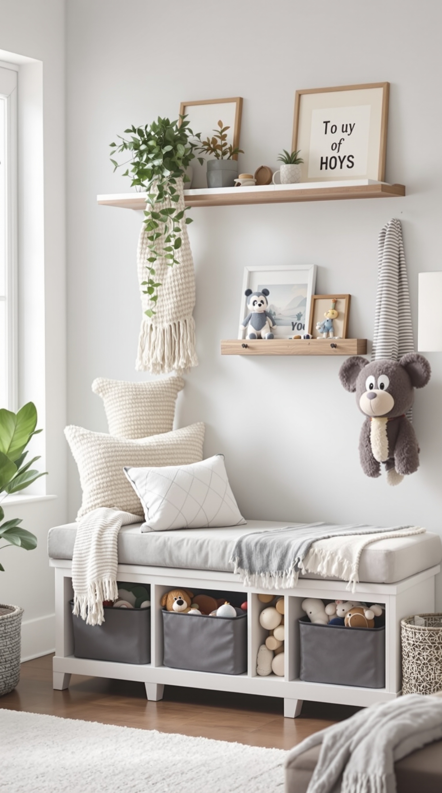 A stylish toy storage bench with seating and organized toys underneath.