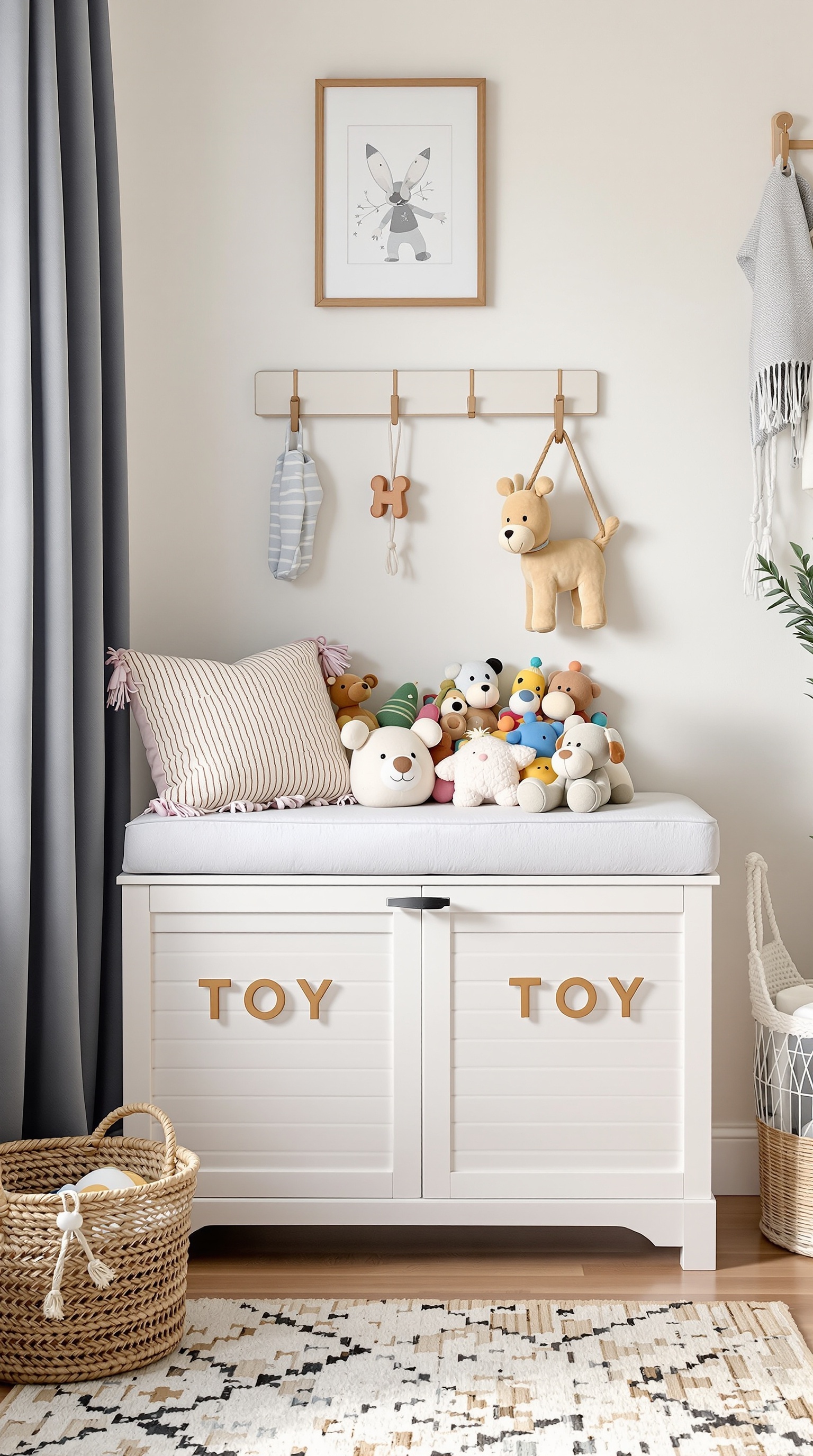 A toy storage bench with stuffed animals and a cozy cushion on top, labeled 'TOY'.