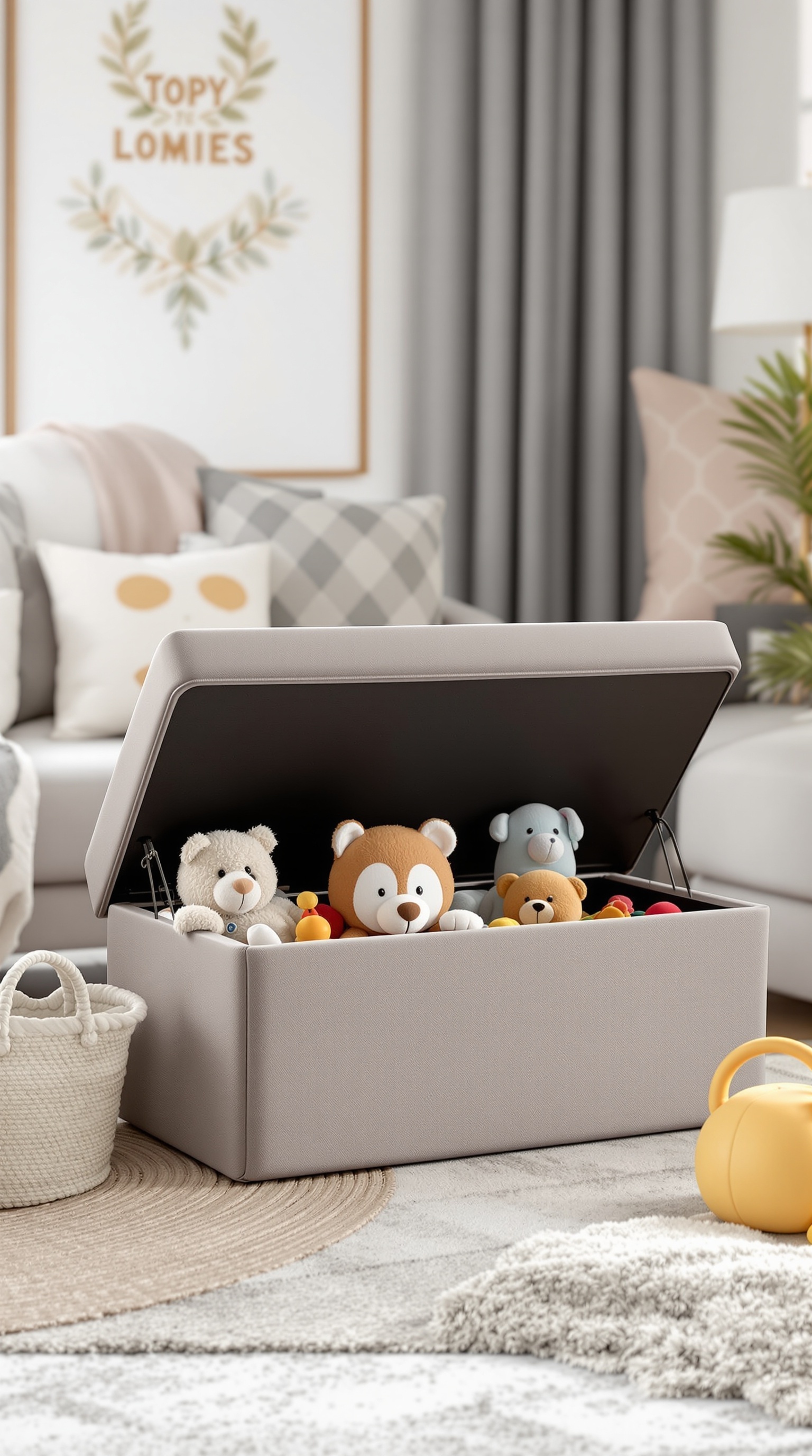 A soft, neutral-colored toy storage ottoman with stuffed animals peeking out, placed in a cozy living room setting.