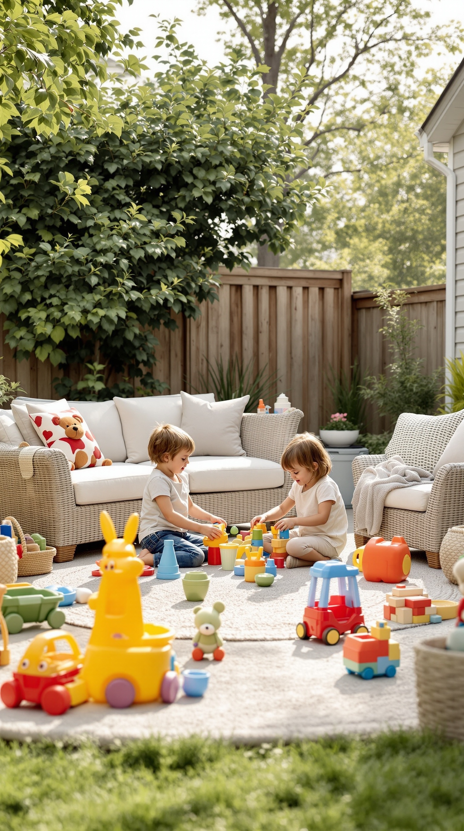 Two children playing with colorful toys in a backyard setting with storage options visible.