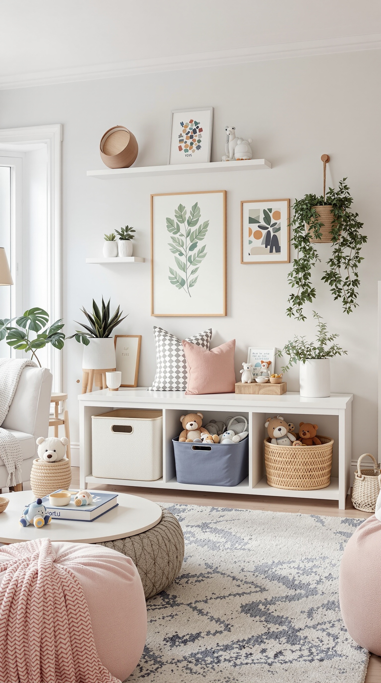 A stylish room with organized toy storage, featuring a white shelving unit with baskets, plants, and decorative art.