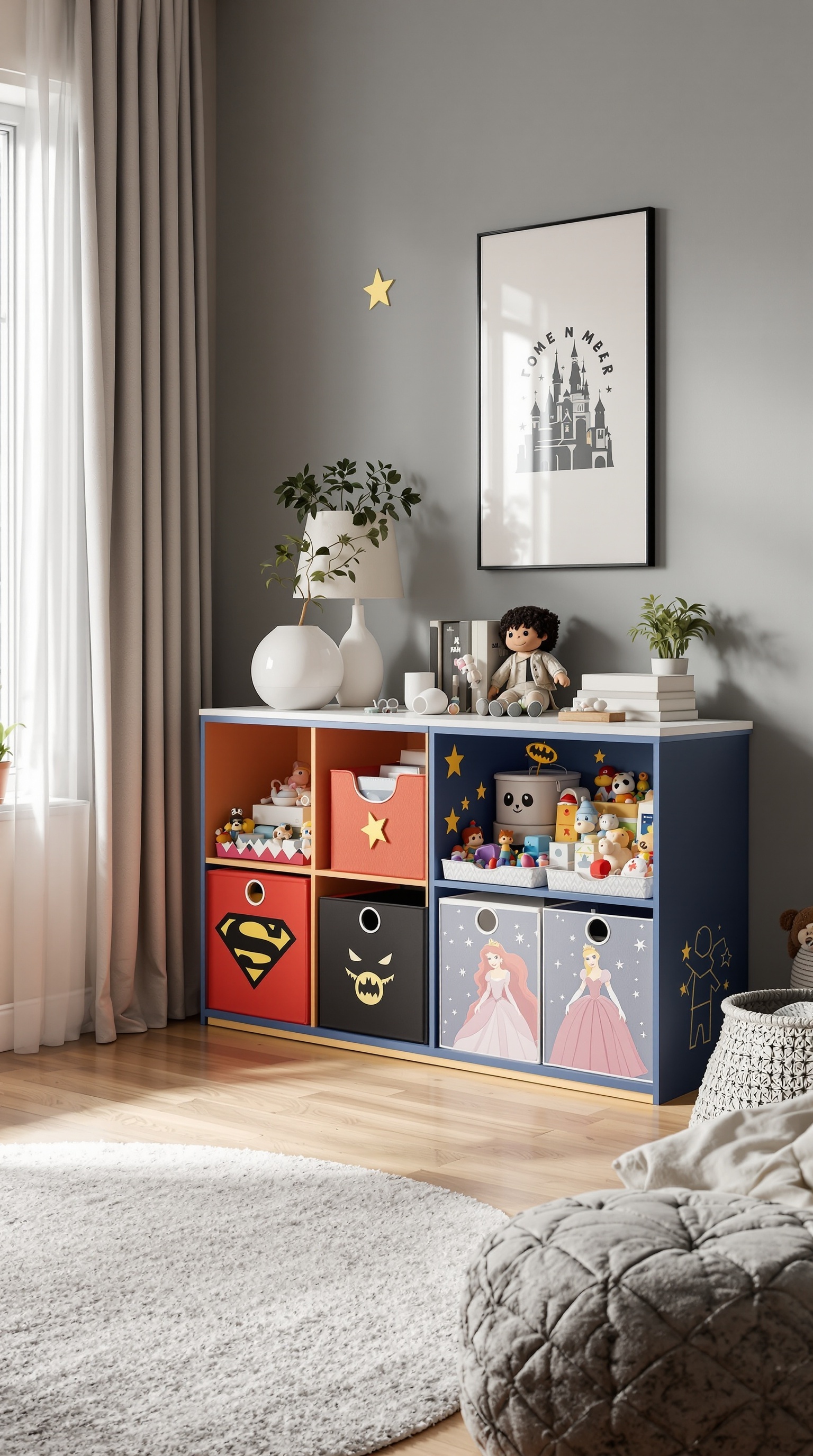 Colorful toy storage unit with superhero and princess designs, organized with various toys.