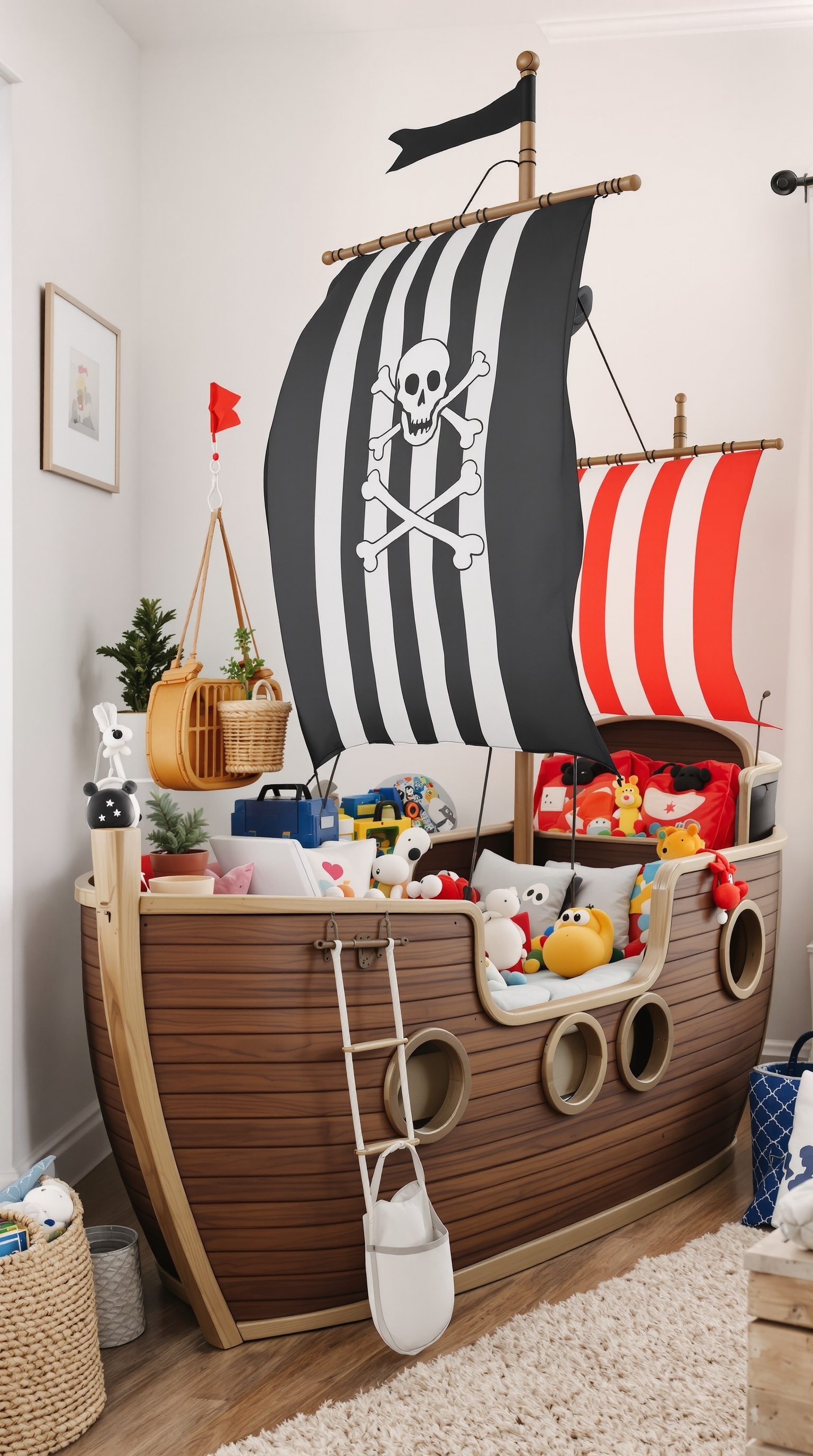 A playful pirate ship toy storage unit filled with colorful toys and plushies.