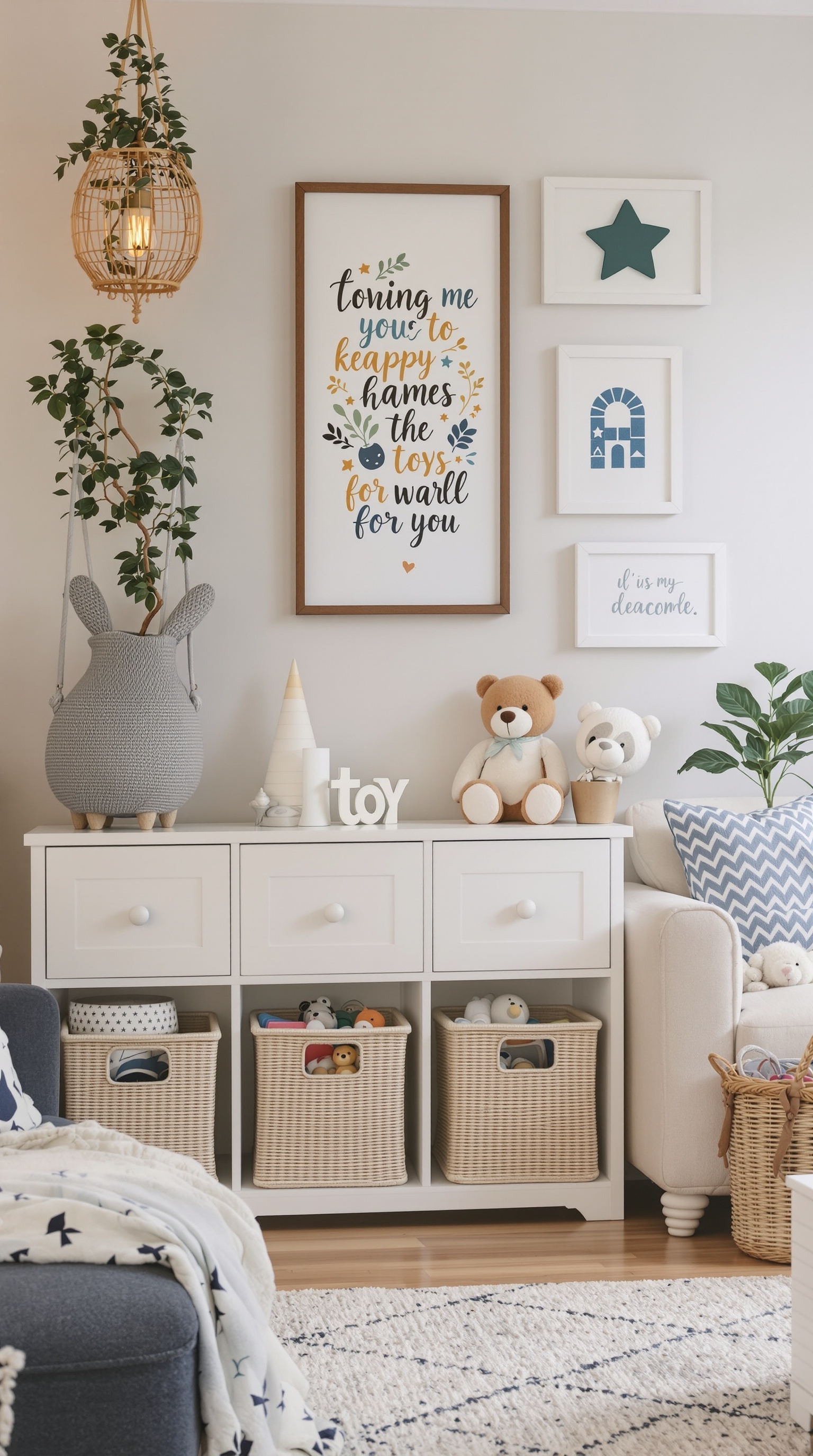 A stylish living room with themed toy storage featuring a white storage unit, decorative baskets, and playful artwork.
