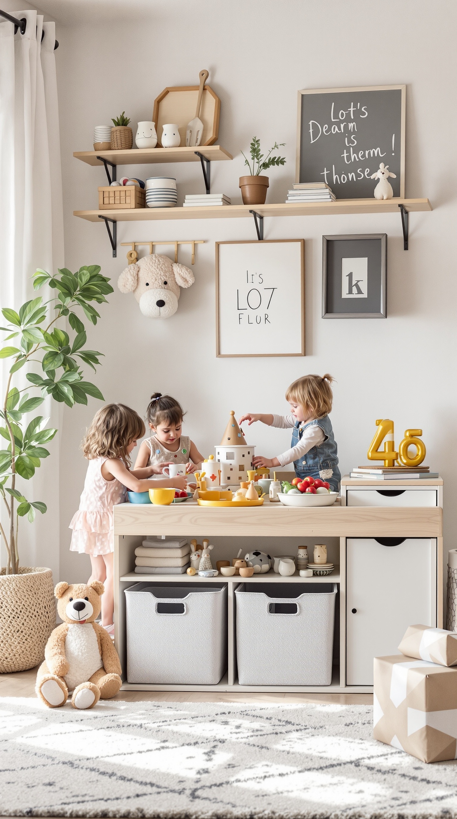 Children playing at a toy storage table with bins and decorative shelves in a bright playroom.
