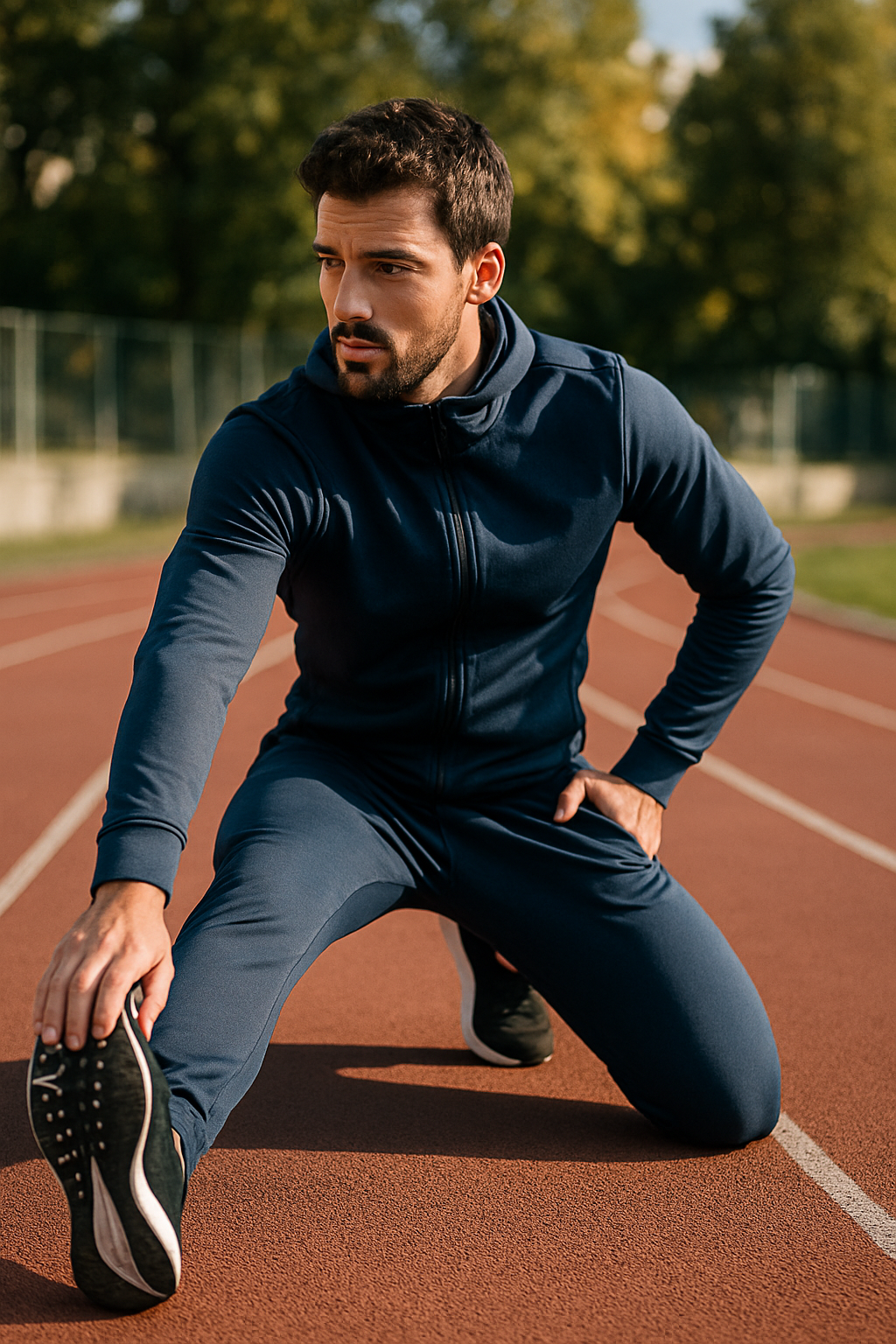 A man stretching in a navy track suit on a running track.
