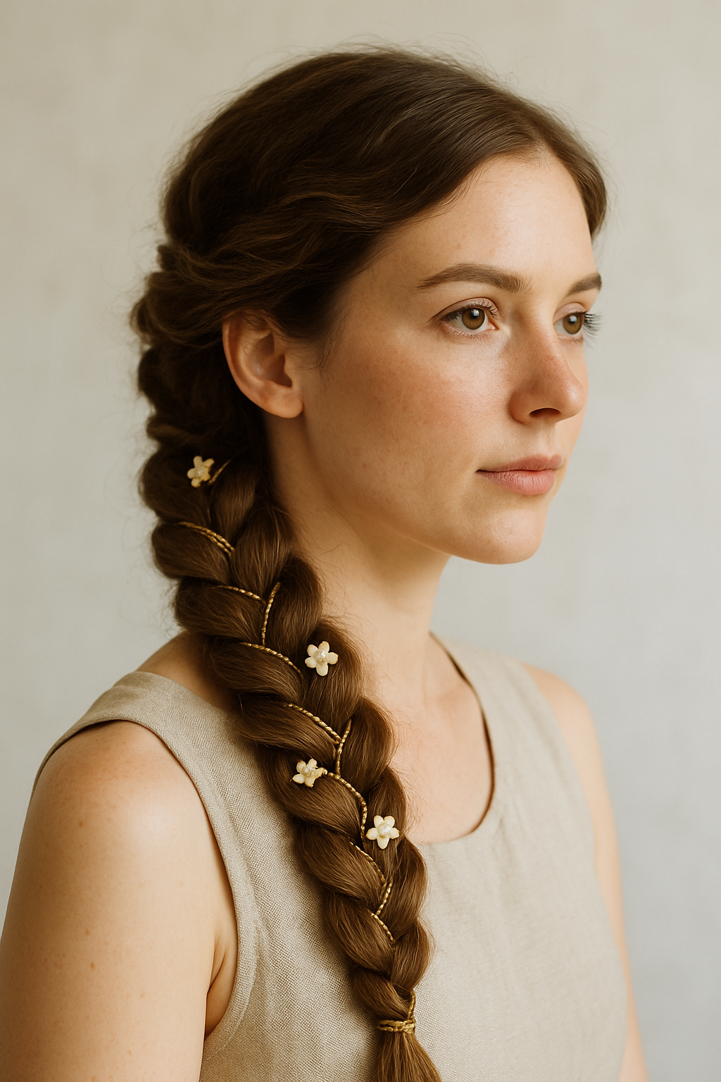 A woman with a traditional braid decorated with gold threads and small flowers.