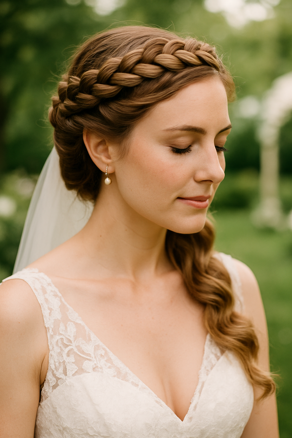 A bride with a traditional braided crown hairstyle, featuring intricate braids and soft waves.