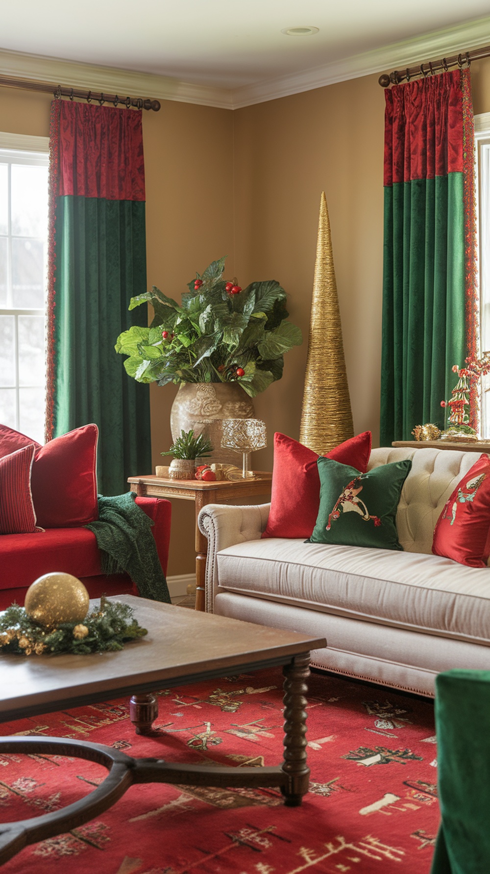 Cozy living room decorated for Christmas with red and green colors.