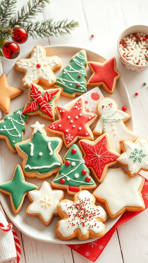 A festive assortment of decorated Christmas cookies on a tray, featuring various shapes like stars, trees, and snowmen.