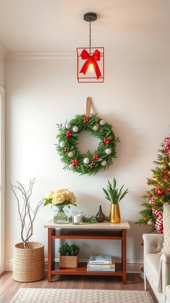 A traditional Christmas wreath with red ornaments and a bow above an entryway table decorated with flowers and greenery.