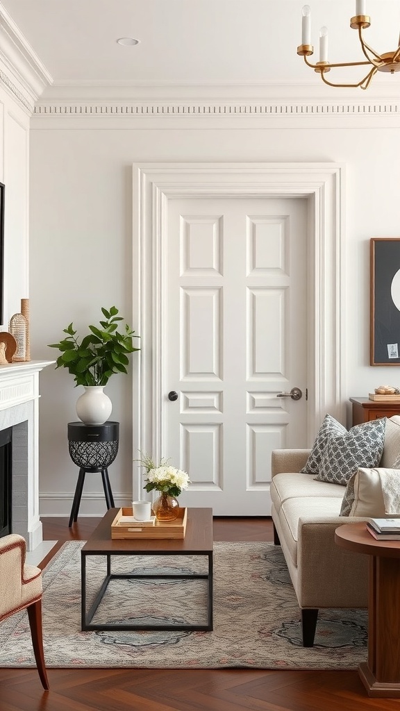 A traditional Colonial door casing with a white door and elegant framing in a cozy living room.