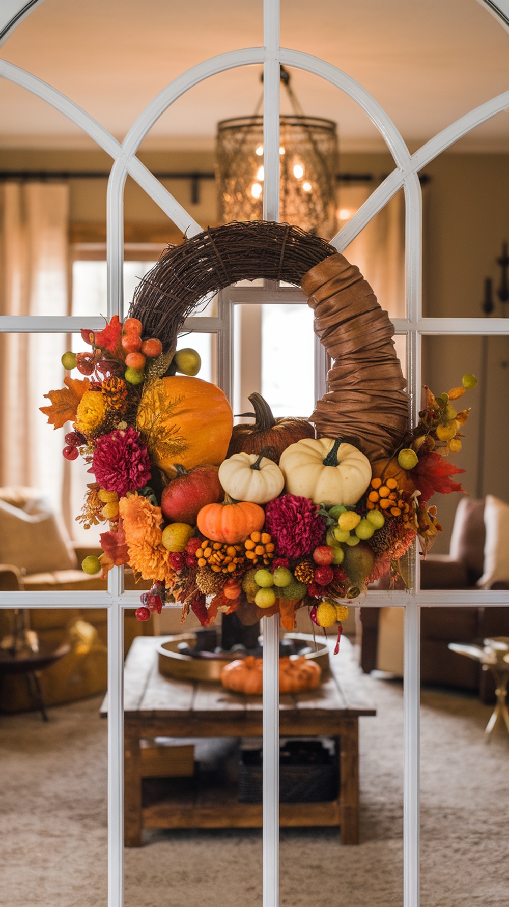 A traditional cornucopia wreath made with pumpkins, flowers, and autumn leaves, hanging on a door.
