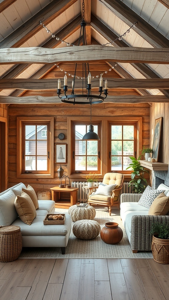 Interior of a rustic cottage featuring wooden beams, cozy seating, and natural decor.