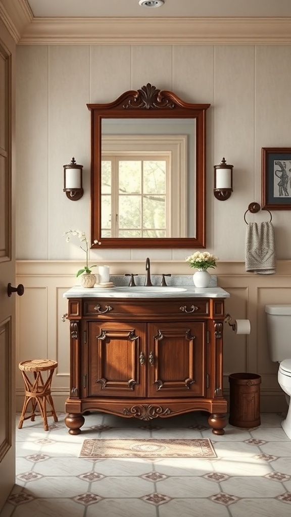 A traditional bathroom with a wooden single sink vanity, marble countertop, and an ornate mirror.