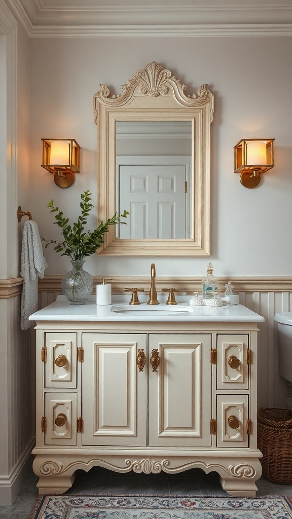 Traditional bathroom vanity with ornate mirror and elegant fixtures
