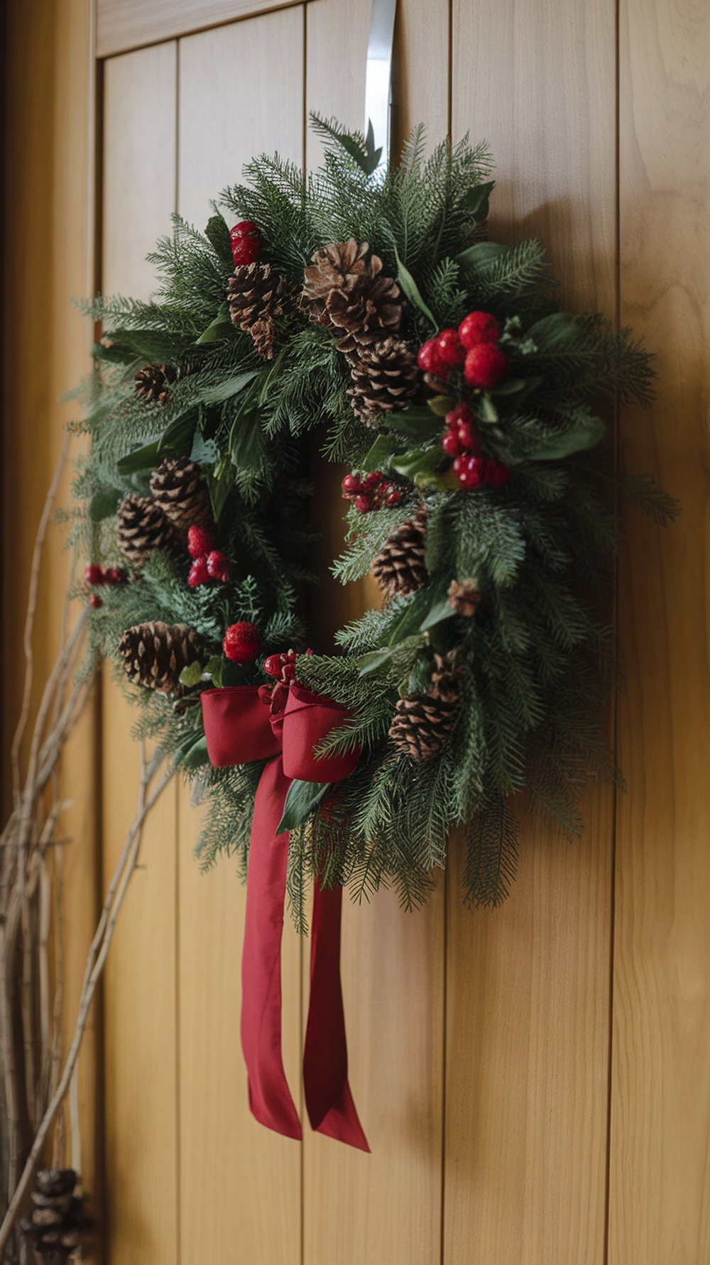 A traditional evergreen wreath with pine cones and red berries, hanging on a wooden door.