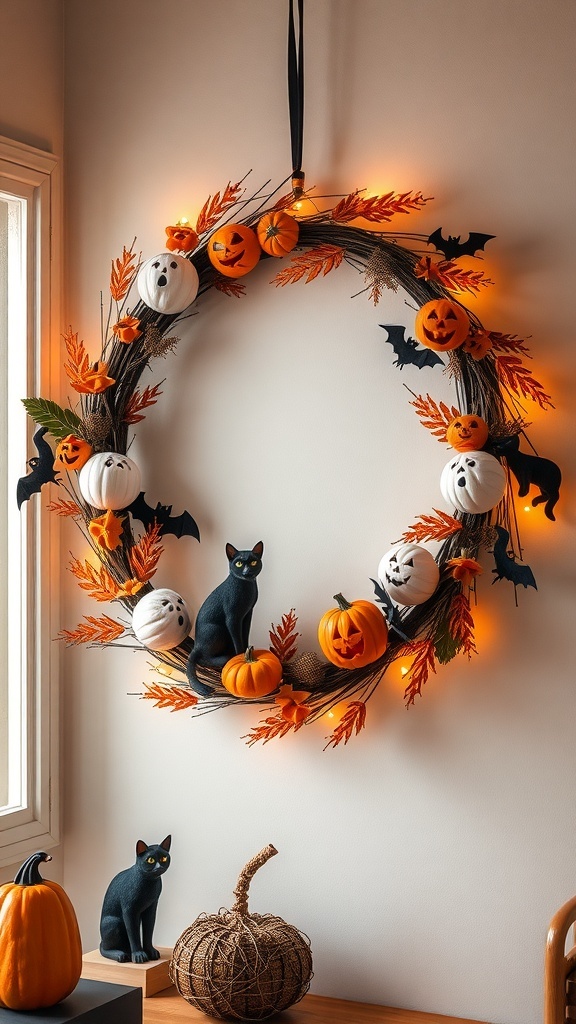 A Halloween wreath featuring pumpkins, bats, ghosts, and black cats, with warm lights.