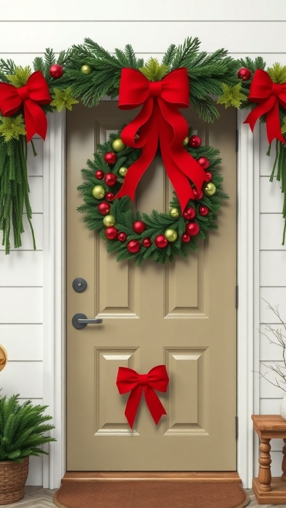 A front door decorated with a green wreath, red and gold ornaments, and large red bows, surrounded by garlands and potted plants.