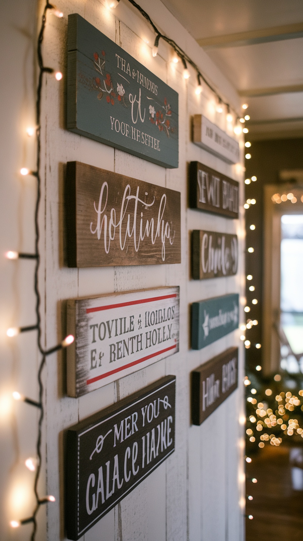 A collection of traditional holiday greeting signs displayed on a wall with string lights.