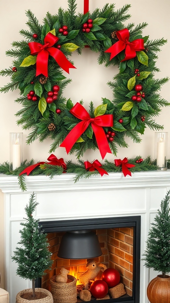 A traditional winter wreath with red bows and ornaments, displayed above a fireplace.