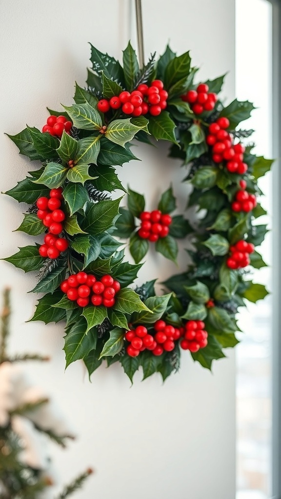 A traditional holly and ivy wreath with red berries and green leaves, hanging on a wall.