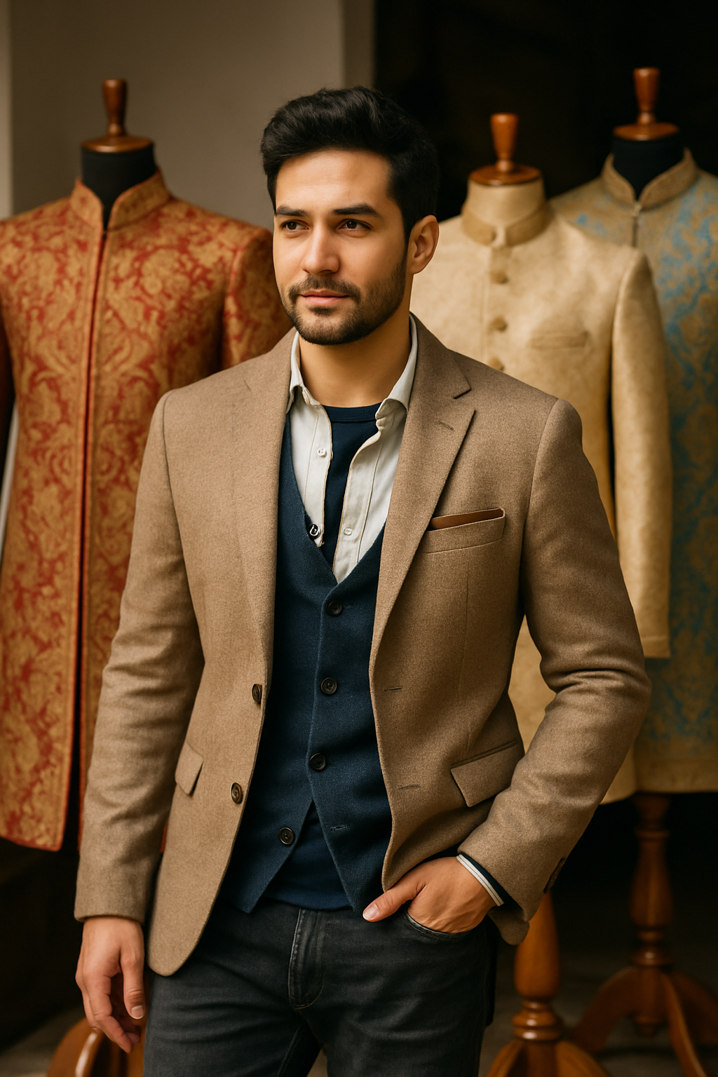 A man wearing a brown blazer over a layered outfit, with traditional Indian garments in the background.